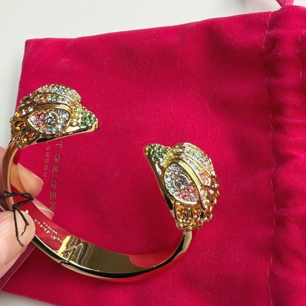 NWT Kurt Geiger Rainbow Crystal Eagle Hinged Bangle Gold Tone Cuff Bracelet - Picture 9 of 10